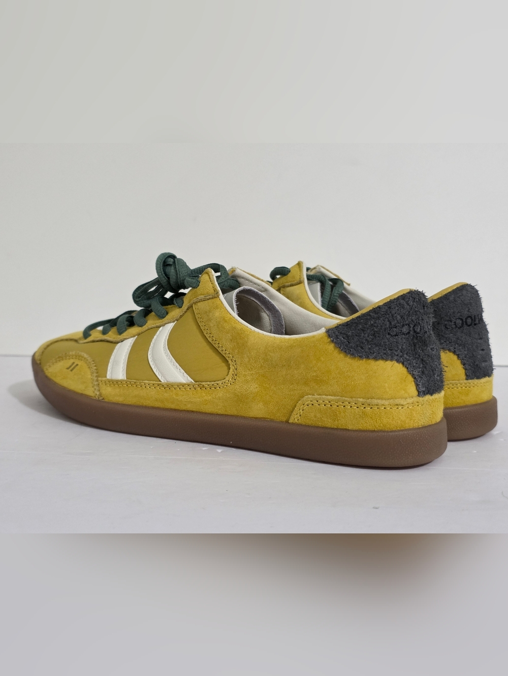 Coolway Mustard Yellow Suede Sneakers with White Stripes and Dark Green Laces - Picture 5 of 9